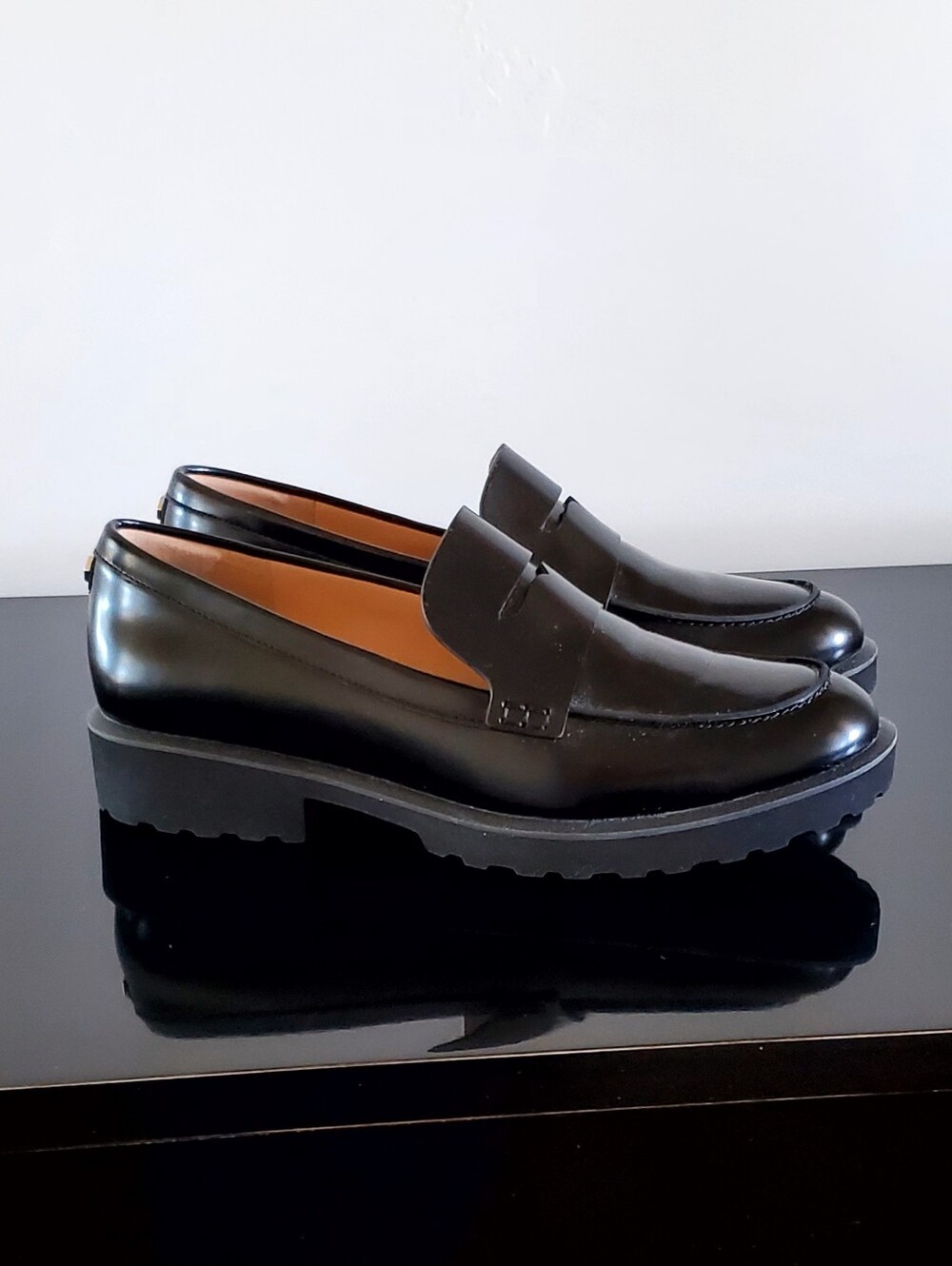 Cole Haan Anthropologie "Geneva" Black Calf Leather Lug Sole Penny Loafers 8 New